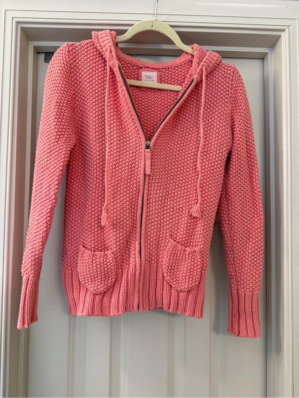 2007 Old Navy 100% Cotton Coral Pink Hooded Zip Knit Cardigan